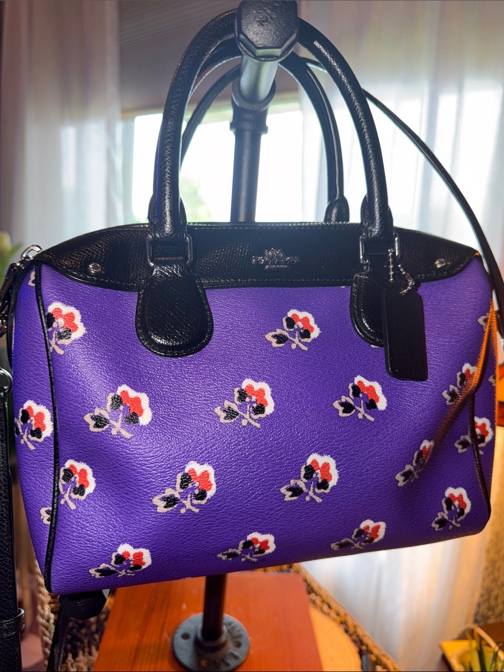 Coach Purple Floral-Print Leather Satchel with Black Trim